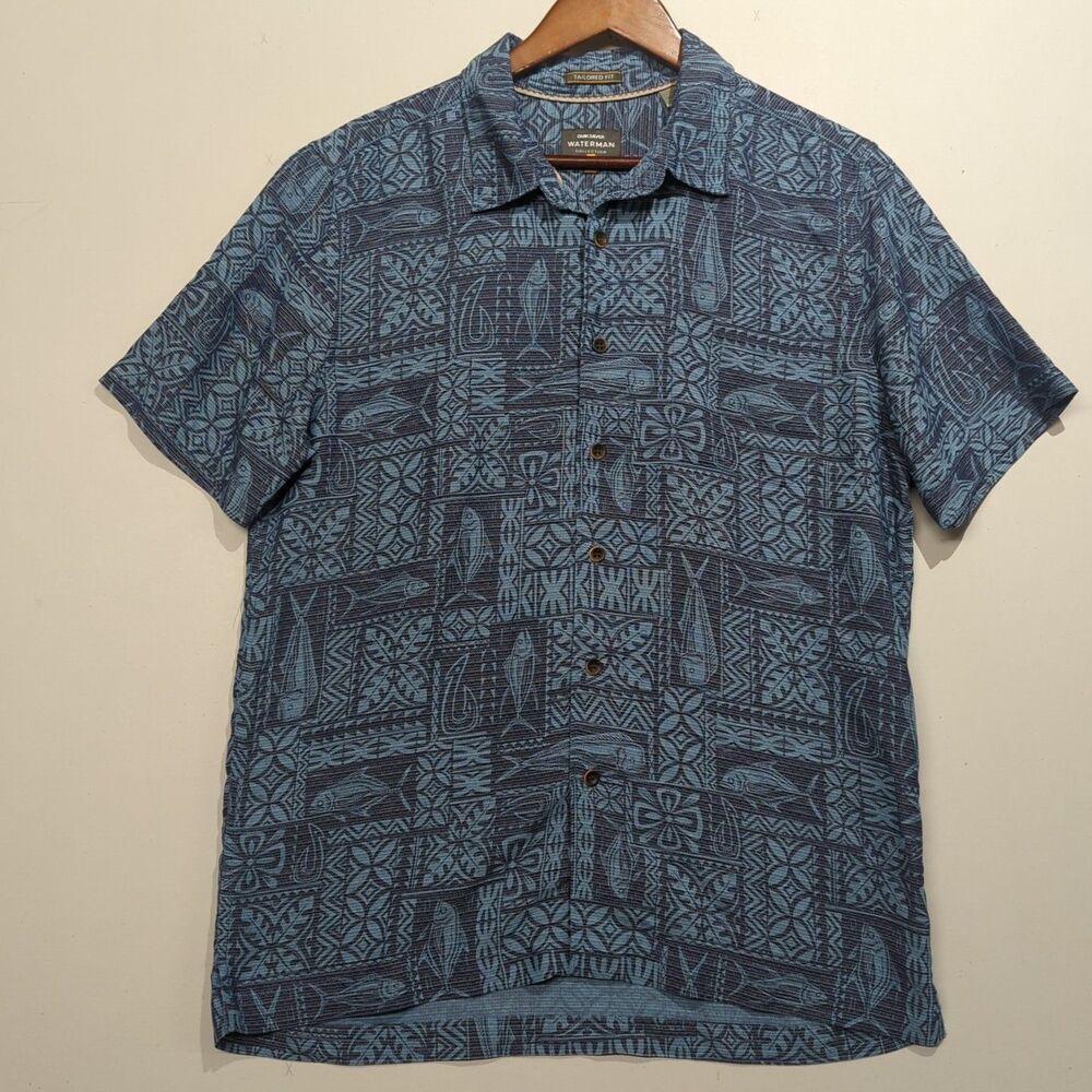 Quiksilver Waterman Mens Med Button Up Shirt Fish And Hook Print Hawaiian Y2K
